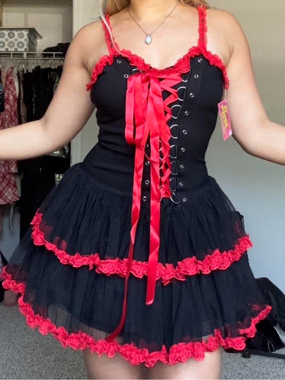 Dolls Kill Black Mini Dress with Red Trim & Satin Lace-Up Front Size L
